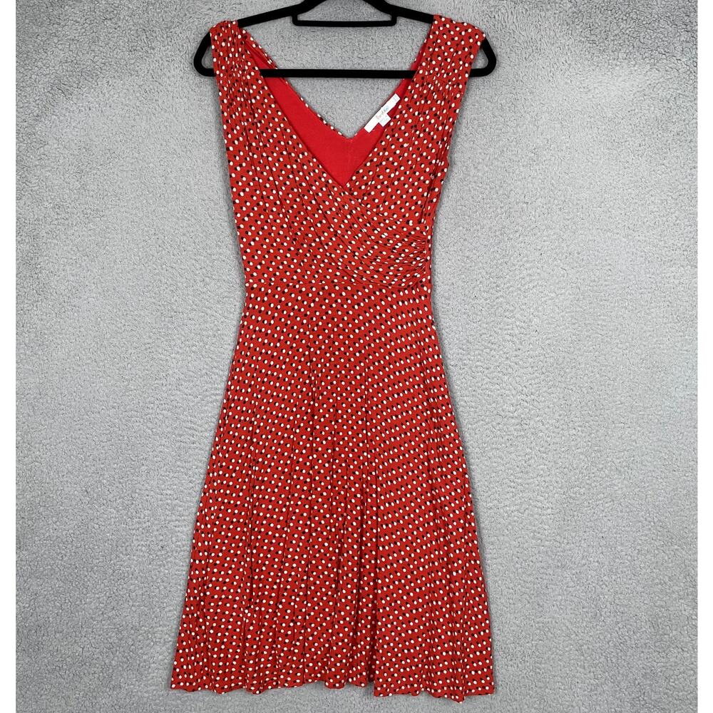 Boden Dress Womens US 4 Red Cream Black Spot Dot V-Neck Sleeveless Casual Summer